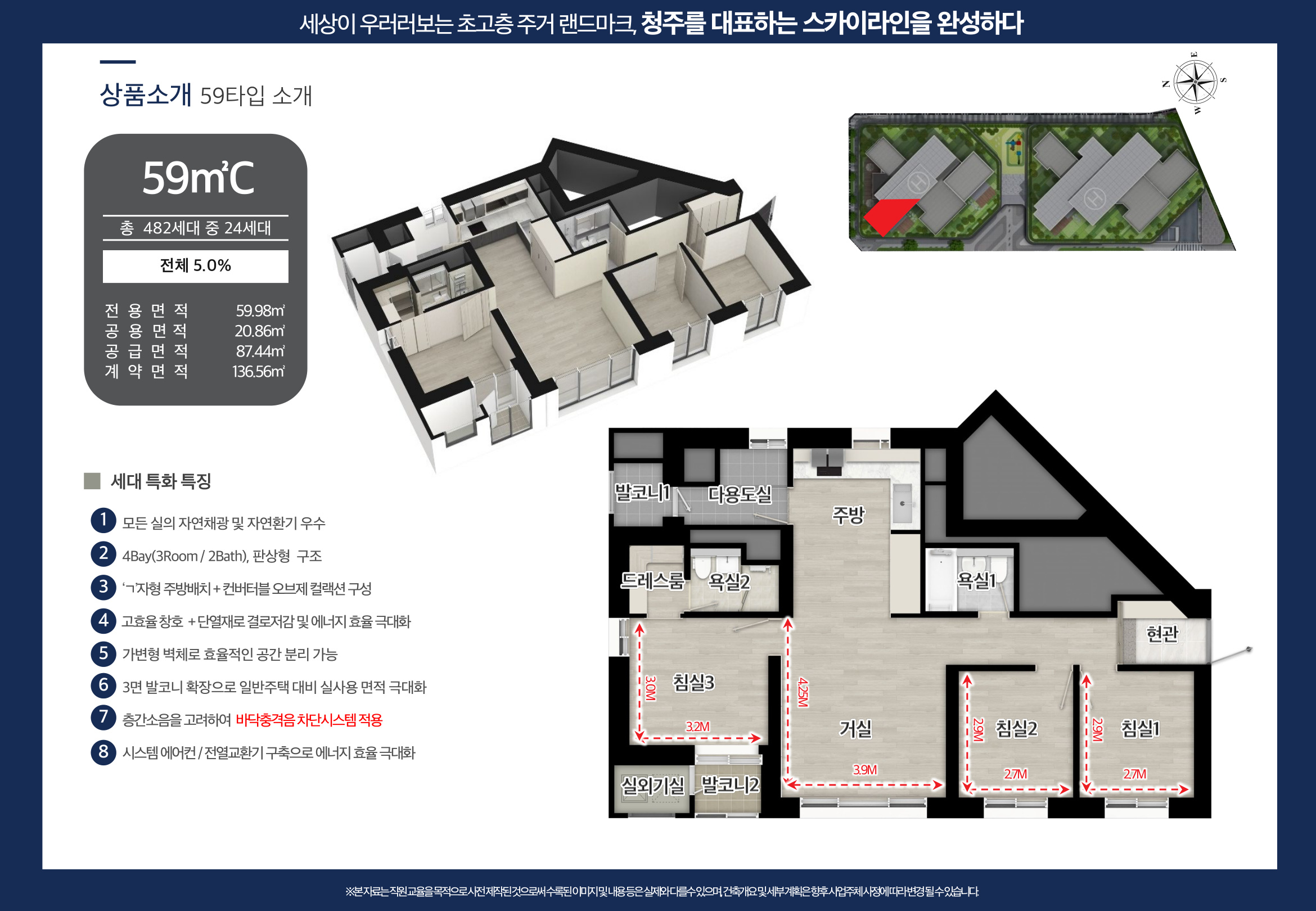 센트럴 더 플래티넘 청주 59C 타입 평면도 - 전용 59.98m2 4Bay 판상형
