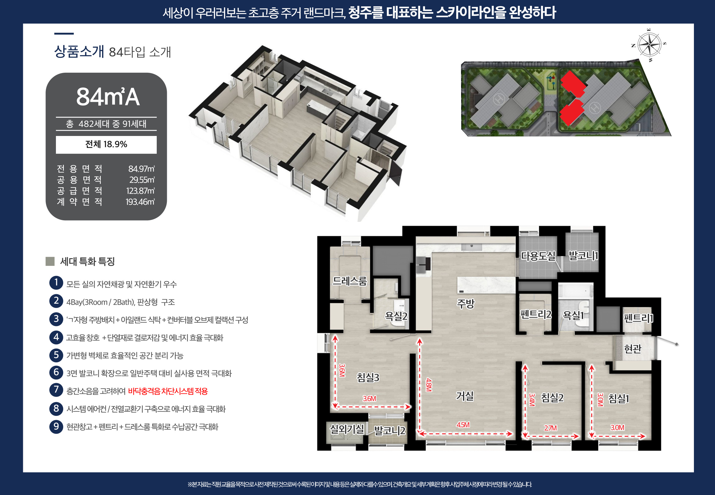 센트럴 더 플래티넘 청주 84A 타입 평면도 - 전용 84.97m2 4Bay 판상형