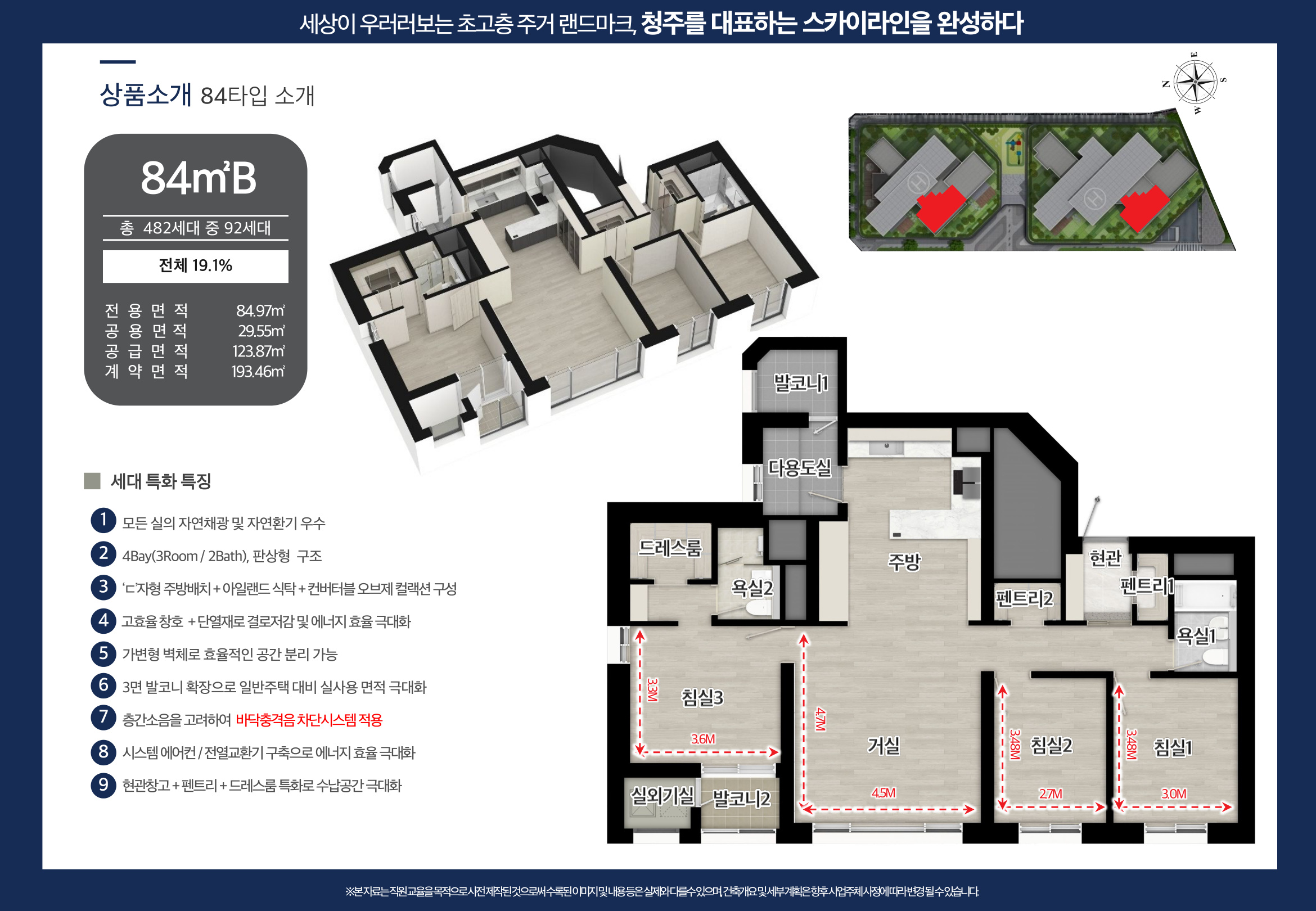 센트럴 더 플래티넘 청주 84B 타입 평면도 - 전용 84.97m2 4Bay 판상형