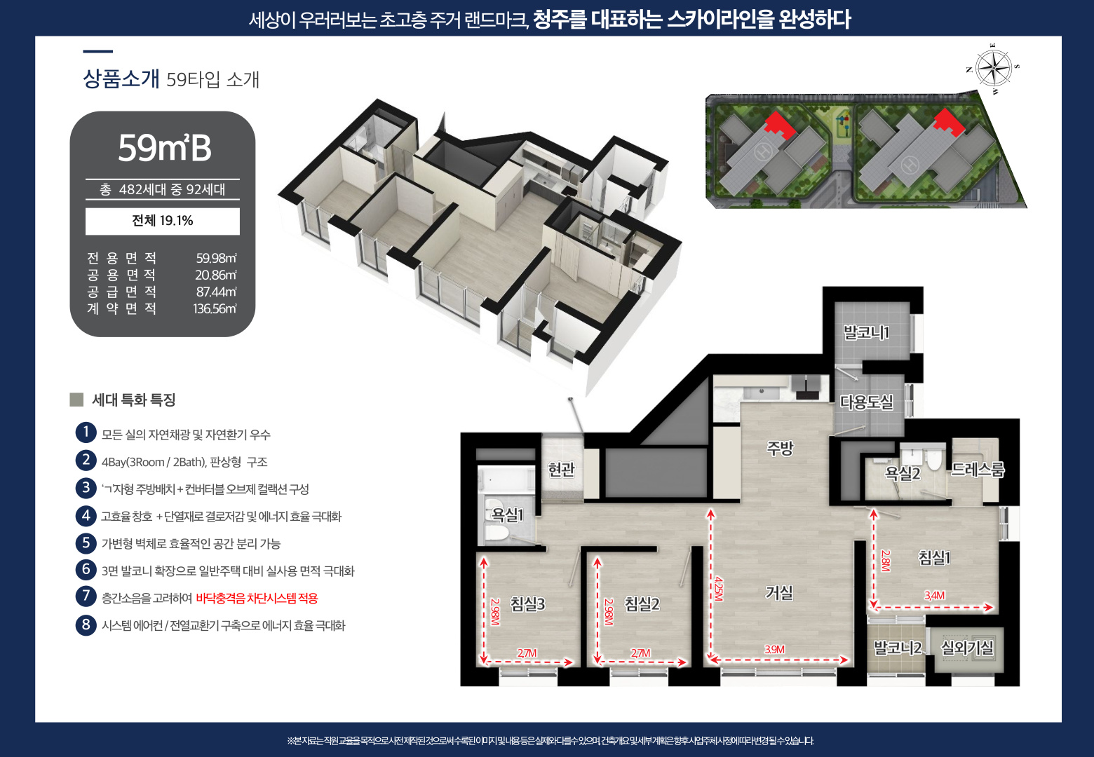 센트럴 더 플래티넘 청주 단지배치도 - 59m2 208세대, 84m2 274세대, 총 548세대 배치 현황